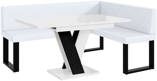 MEBLINI Eckbank für Esszimmer mit ausziehbarem Tisch - Küchenbank - Essecke - Sitzecke Küche - ERIC - U-Beine 128x168x87cm Rechts - Weiß Kunstleder/M Weiß-Schwarz Hochgl.