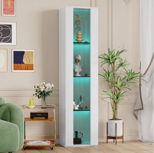 Flieks Glasvitrine Hochschrank Vitrine mit LED-Beleuchtung und Glaseinlegeböden (Einlegeböden aus Glas, 1-St, B40/T29/H170 cm) multifunktionale Standvitrine mit Acryltüren Wohnzimmerschrank Weiß