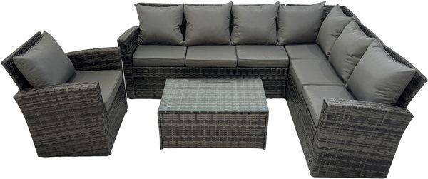 Fimous Hoher Rücken Rattan Ecksofa Set Länger Couchtisch Gartenmöbel Dunkelgrau rechte Option mit Extra Sessel