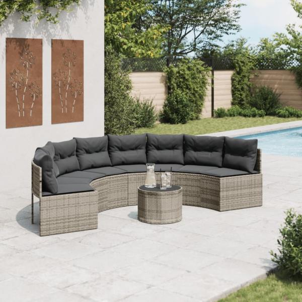 vidaXL Gartensofa mit Tisch und Kissen Halbrund Grau Poly Rattan 3318527