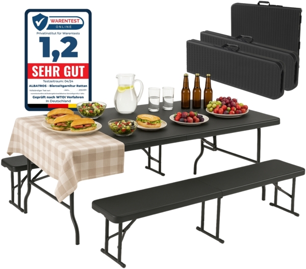 Albatros Bierzeltgarnitur Rattan – robuste Biertischgarnitur Klappbar und hohe Tragkraft – Set aus 2x Bierbank und 1x Biertisch für bis zu 10 Personen – Bierbankgarnitur