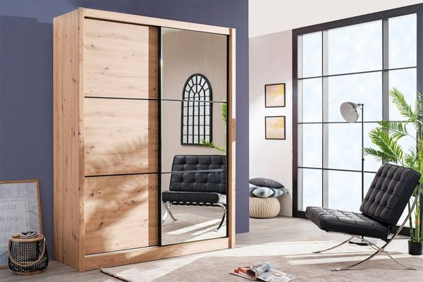 INOSIGN Schwebetürenschrank Navara Kleiderschrank mit Spiegel Wäscheschrank Garderobe mit großzügiger Innenausstattung, FSC®-zertifiziert, in 3 Breiten