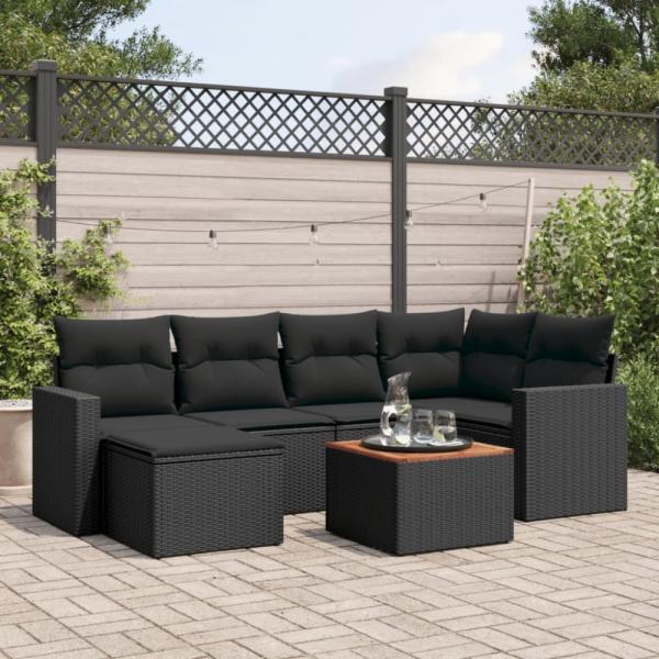 vidaXL 7-tlg. Garten-Sofagarnitur mit Kissen Schwarz Poly Rattan 3256552