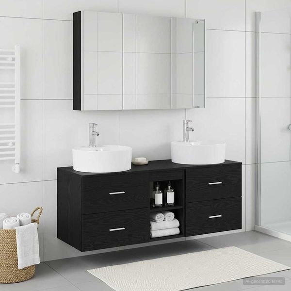 vidaXL Badezimmermöbel-Set 4 pcs Schwarze Eiche Ingenieurholz und Glas 3406904