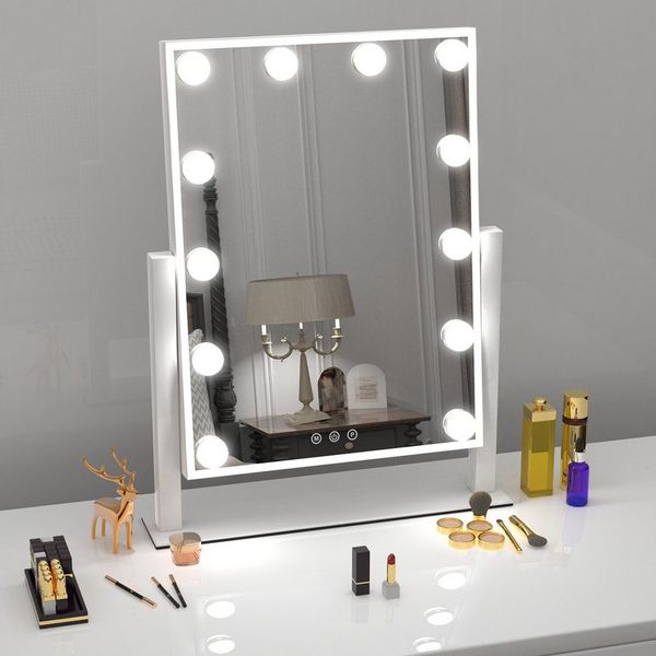 LETGOSPT Schminkspiegel Hollywood Make-up-Spiegel mit Lichtern, 3 Farblicht Dimmbar Touch (Kosmetikspiegel mit 12 dimmbaren LED-Leuchtmitteln, 30x41 cm), Smart-Touch-Control-Bildschirm, 360-Grad-Drehung und Stabile Standfuß