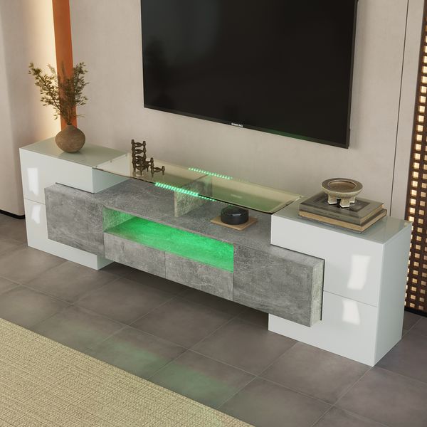 TV-Lowboard 200 cm in Hochglanzweiß & Betonoptik mit LED-Beleuchtung, moderner TV-Schrank mit 6 Türen, 200x35x60cm, Hochglanzweiß+Beton
