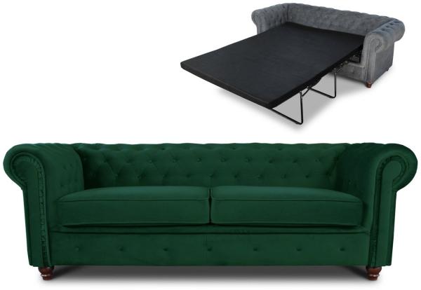 Schlafsofa Chesterfield Asti Bis 3-Sitzer, Sofa mit Schlaffunktion, Couch 3-er, Couchgarnitur, Sofagarnitur, Holzfüße - Glamour Design, Velours (Dunkelgrün (Velvet 78))