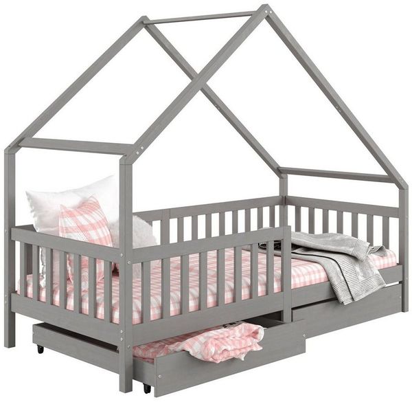 IDIMEX Kinderbett ALVA, Hausbett Montessori Kinderbett 90 x 200 Kiefer 2 Schubladen