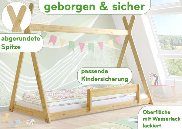 Niedriges Tipi-Kinderbett, Holzbett 90x200 Kiefer natur lackiert, Zubehör wählbar V-60.27-09ohne Zubehör Bild 3
