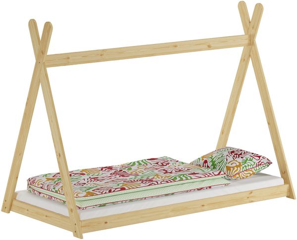 Niedriges Tipi-Kinderbett, Holzbett 90x200 Kiefer natur lackiert, Zubehör wählbar V-60.27-09ohne Zubehör