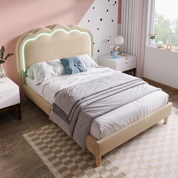 Polsterbett 90×190 cm aus Leinen-Stoff mit LED-Beleuchtung, beige
