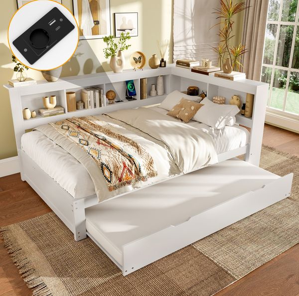 Bett 140x200 cm mit Ausziehbett, Steckdose und 2 USB-Anschlüssen – praktisches Daybett mit Stauraum