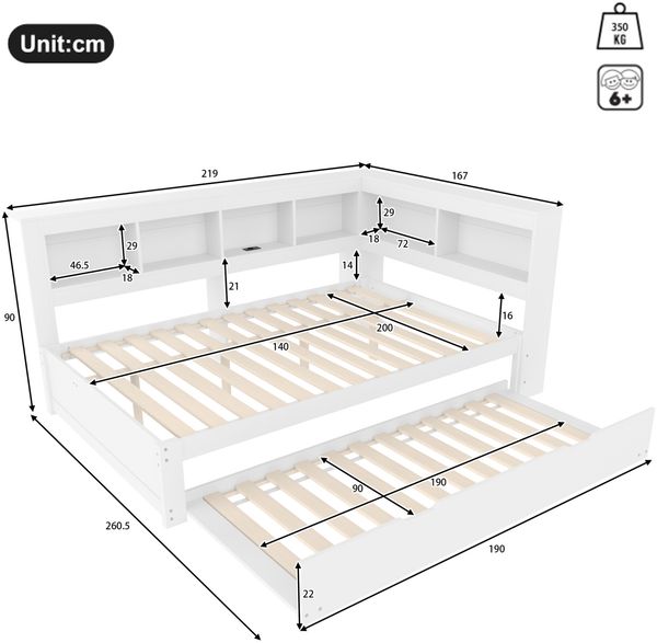 Bett 140x200 cm mit Ausziehbett, Steckdose und 2 USB-Anschlüssen – praktisches Daybett mit Stauraum Bild 6