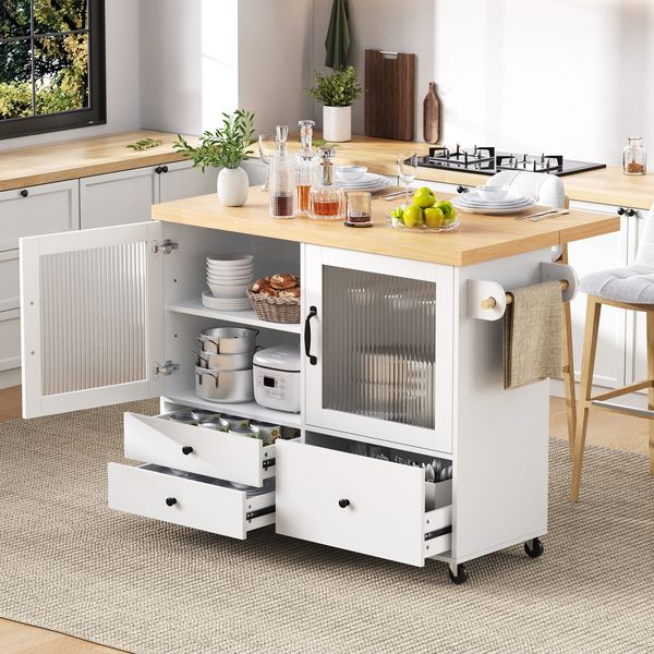 Merax Kücheninsel mit Rollen und ausziehbarem Esstisch, Küchenwagen mit Weinglashalter und Stauraum, Ideal für Küche und Esszimmer (Weiß)
