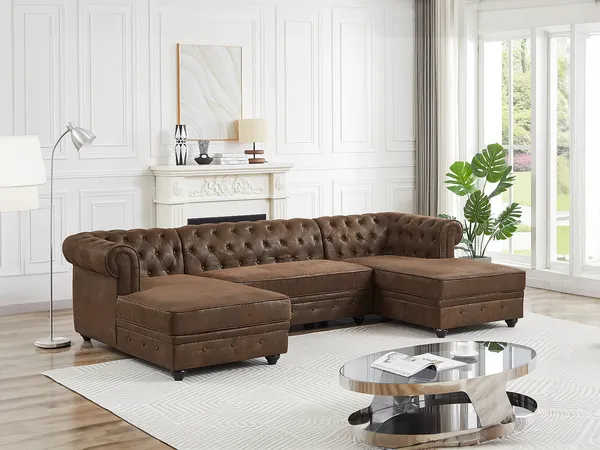 Vente-unique - CHESTERFIELD Sofa StoffStoff Braun - B 163 cm x H 72 cm x L 290 cm