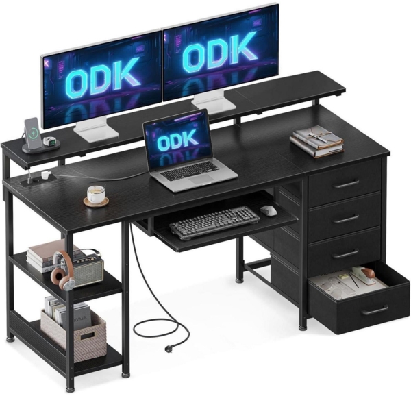 Gaming Schreibtisch mit 4 Schubladen und USB Anschlüssen, PC Tisch mit Regal