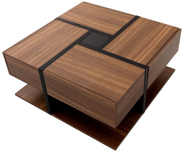 SOFTWEARY Couchtisch Sofatisch mit 4 Schubladen (78/78/35 cm), Wohnzimmertisch, Beistelltisch, Kaffeetisch