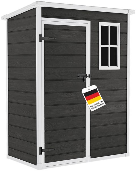 STEELSØN 'Novara' Gerätehaus Pultdach, Kunststoff, dunkelgrau mit Holzoptik, wetterfest, 192/183x92x151 cm, abschließbar, Gartenhaus mit Fenster