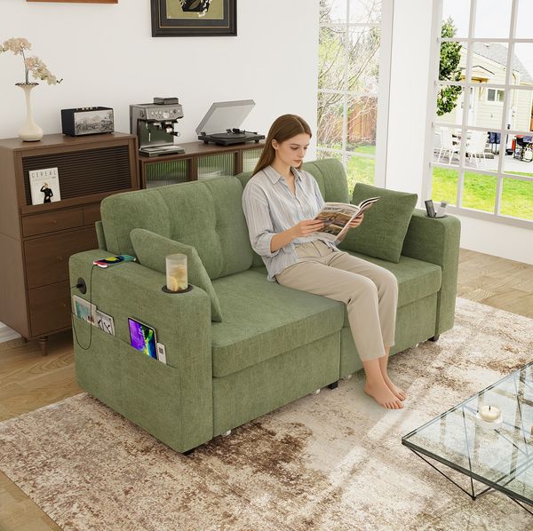 Sofa 172 x 75 x 82 cm 2-Sitzer mit Stauraumschubladen, USB-Anschlüssen und Getränkehaltern, Chenille in Olive