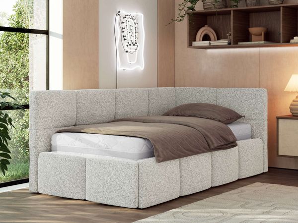 Jugendbett 90x200 ARVO Polsterbett mit Bettkasten, Stauraum & Gasdruckfeder, Modernes Design mit Kopfteil, Multipocket Matratze - Hellgrau Strukture - ELORI LUX - Rechts Seite
