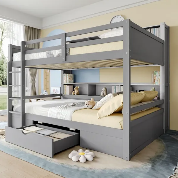 Etagenbett mit Rausfallschutz, Regal, 2 Schlafgelegenheiten und Lattenrost, 90x200 cm, Kinderbett, Jugendbett, Kiefer