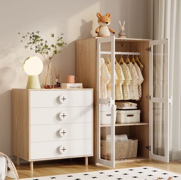 Kleiderschrank-Set Weiß/Natur, 80 x 50 x 150 cm + 80 x 54 x 90 cm, mit 4 Schubladen und Acryltüren