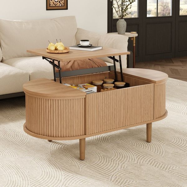 MODFU Couchtisch Stabiler Aufbewahrungstisch mit Hebefunktion & Stauraum (Packung, 1-St, Eiche, Massivholzbeine, für Wohnzimmer & Büro), 100×53,5×48 cm, Klappdeckel, MDF