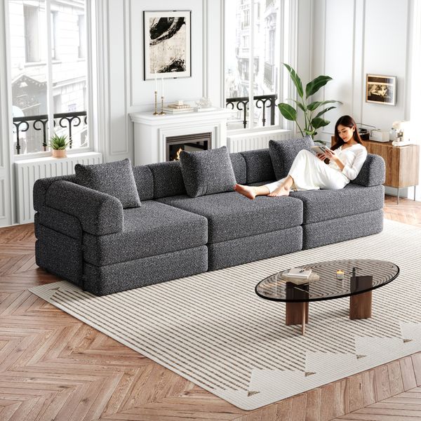 Schlafsofa mit Ablagefach & Stahlrahmen, wandelbarer Einzelsitz Sofa Bett mit rutschfester Unterlage,3-Sitzer,Grau