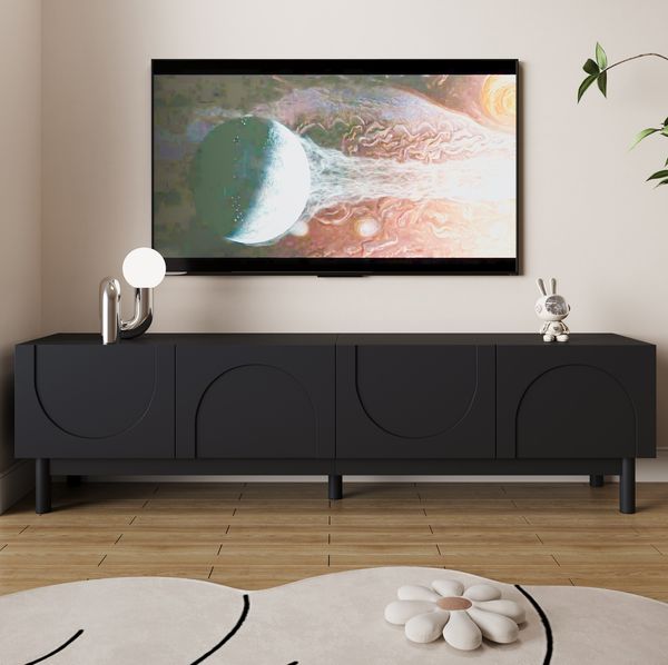 TV-Schrank Lowboard mit gewölbten Türen, schwarz, 169x35x45,5 cm