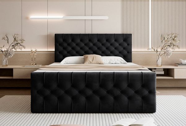 Goldstoff Boxspringbett TAURIEL mit Federkernmatratze & Topper, zwei Bettkästen (von 120 bis 200x200 cm), modernes Doppelbett aus Velvet Stoff mit edlem Kopfteil