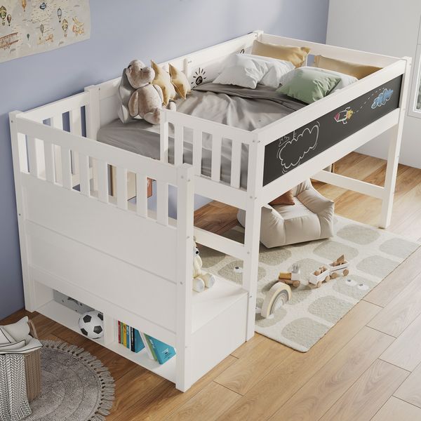 Kindereinzelbett 90×200 cm aus Massivholz und MDF mit Treppe, Stauraum und Tafel, weiß