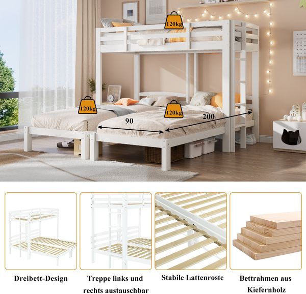 Dreifach-Etagenbett 90×200 cm, mit Rausfallschutz und Seitenleiter, Weiß, ohne Matratze Bild 9