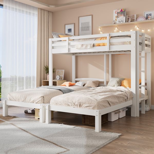 Dreifach-Etagenbett 90×200 cm, mit Rausfallschutz und Seitenleiter, Weiß, ohne Matratze
