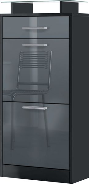 Vladon Schuhschrank Loret V2, Schuhkipper für 8 Paar Schuhe mit 2 Klappen, 1 Schublade und Glasablage, Schwarz matt/Grau Hochglanz (46 x 104 x 23 cm)