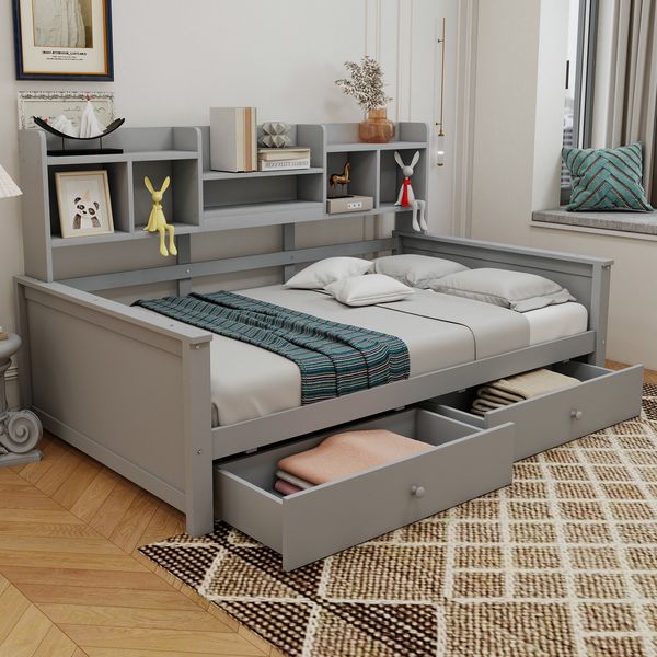 Merax Einzelbett, Jugendbett, Kinderbett Schlafsofa 90x200cm, Schubladen und Regale, Lattenrost, Massivholzbett Grau