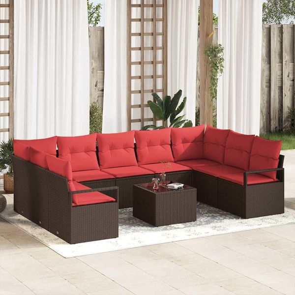vidaXL Gartensofa-set mit Kissen 10 pcs Braun und Rot Poly-Rattan 3355223
