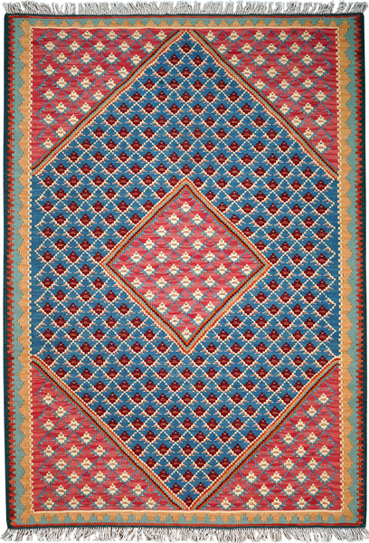 Looma 'Kourosh' Kelim Senneh handgewebt, Schurwolle Blau, 105x150 cm