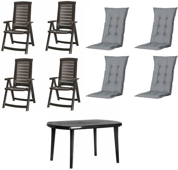 SET Aruba 4 x Klappsessel graphit, 1 x Tisch graphit, 4 x Auflage grau