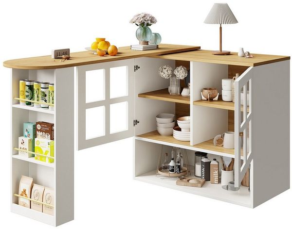 OKWISH Bartisch 360° Drehbarer Bartisch,Kücheninsel,mit Stauraum (Stehtisch – Modernes Sideboard mit 5 Ablageflächen, Ausziehbar (138-204 cm), Snackregal und Glastüren)