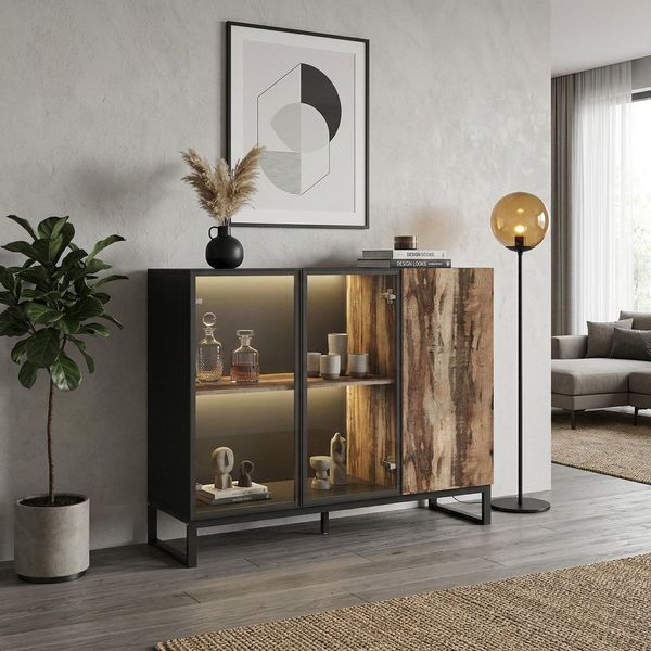 FUFU&GAGA Sideboard 120cm Vitrine mit LED Beleuchtung, Alu-Rahmen, Schwarz