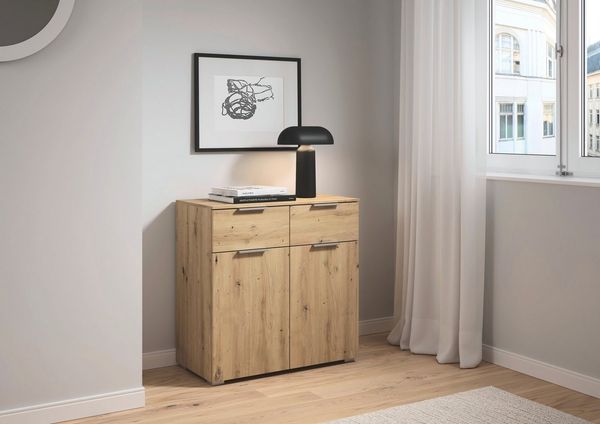 rauch Kombikommode Sideboard Schubladenkommode CORTONA mit Dekor-Front (Breite 80 cm inkl. Soft-Close-Funktion), mit 2 Schubladen und 1 verstellbaren Einlegeboden MADE IN GERMANY
