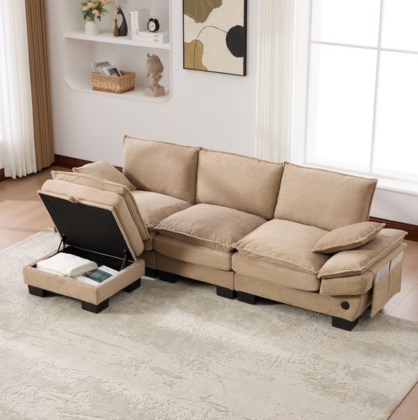 Modulares 3-Sitzer Sofa 260 x 132 x 84 cm mit Hocker, USB-C, Seitentaschen und Stauraum in Khaki