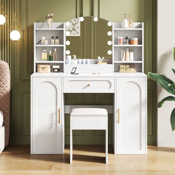 Merax 132cm Schminktisch mit verstellbarer LED-Beleuchtung, Spiegel und Hocker. Mit 1 Schublade und 2 Türen. Weiß