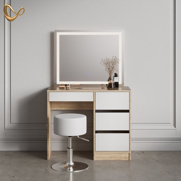Livinity® Schminktisch Imola, Sonoma/Weiß, mit LED-Spiegel und Hocker (2-St)