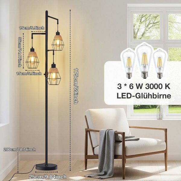 Sunicol Stehlampe 175cm Dimmbar LED Stehlampe mit 3 Glühbirnen für Schlafzimmer, LED wechselbar, Warmweiß, Metall Vintage Stehlampen für Wohnzimmer, Esszimmer