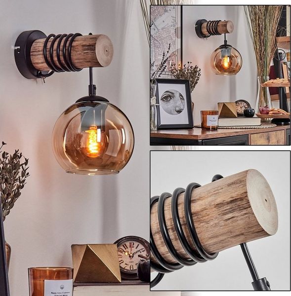 hofstein Wandleuchte Wandlampe aus Metall/Holz/Glas in Schwarz/Natur/Bernstein, ohne Leuchtmittel, Leuchte mit Glasschirm An/-Auschalter, 1xE27, ohne Leuchtmittel