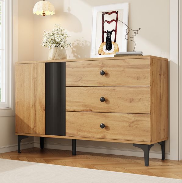 Sideboard 120 x 35 x 76 cm mit 1 Schranktür und 3 Schubladen – in Natur/Schwarz aus Holzwerkstoff