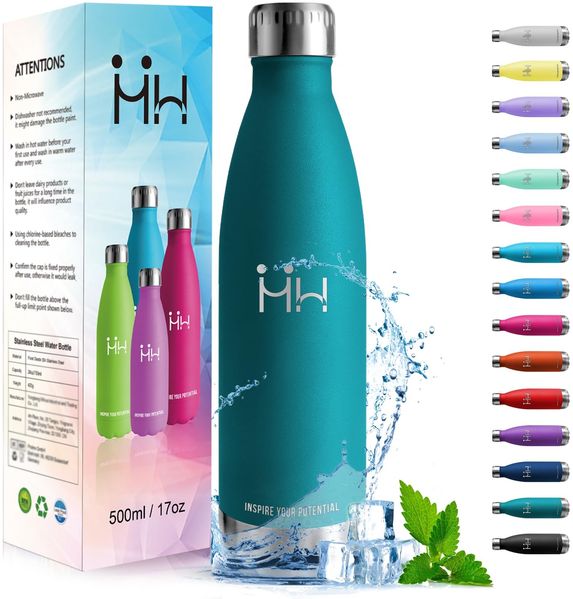 HoneyHolly Trinkflasche Edelstahl, Trinkflaschen Kinder, 500ML BPA-frei, Thermosflasche, Wasserflasche Doppelwandig, Trinkflasche Kohlensäure Geeignet, Water Bottle für Fitness, Gym, Fahrrad