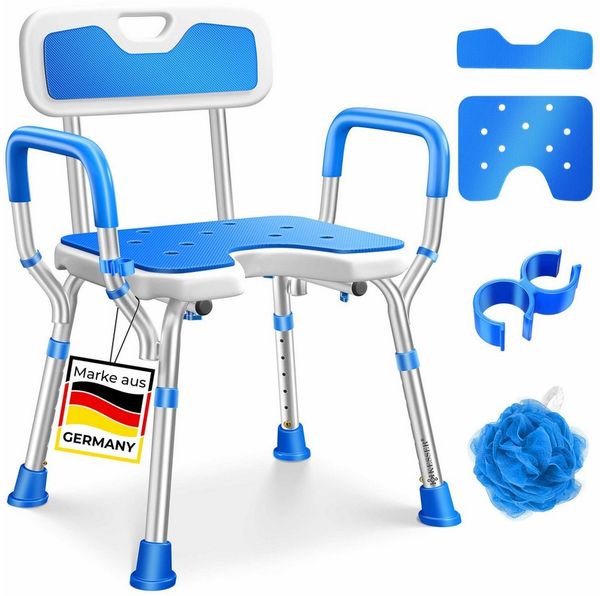 KESSER® Duschhocker mit Lehne höhenverstellbar in 6 Stufen 38-54cm | Badhocker 150KG belastbar Duschstuhl Anti-Rutsch Füße & Matten | Duschhilfe Senioren & Schwangere Duschsitz mit Brausehalterung Weiß / Blau