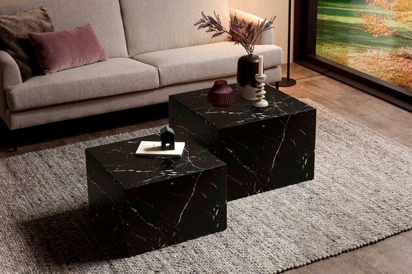 Couchtisch 2er Set Marmoroptik Schwarz Quadratisch MDF